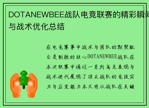 DOTANEWBEE战队电竞联赛的精彩瞬间与战术优化总结