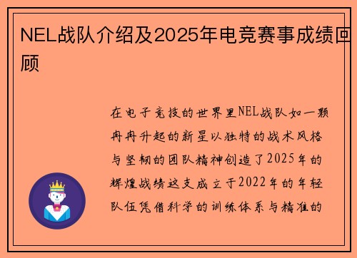 NEL战队介绍及2025年电竞赛事成绩回顾