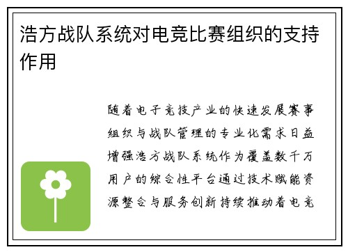 浩方战队系统对电竞比赛组织的支持作用