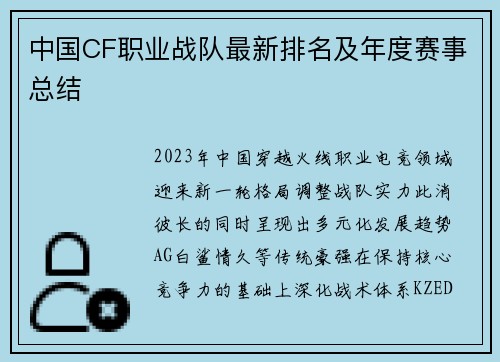 中国CF职业战队最新排名及年度赛事总结